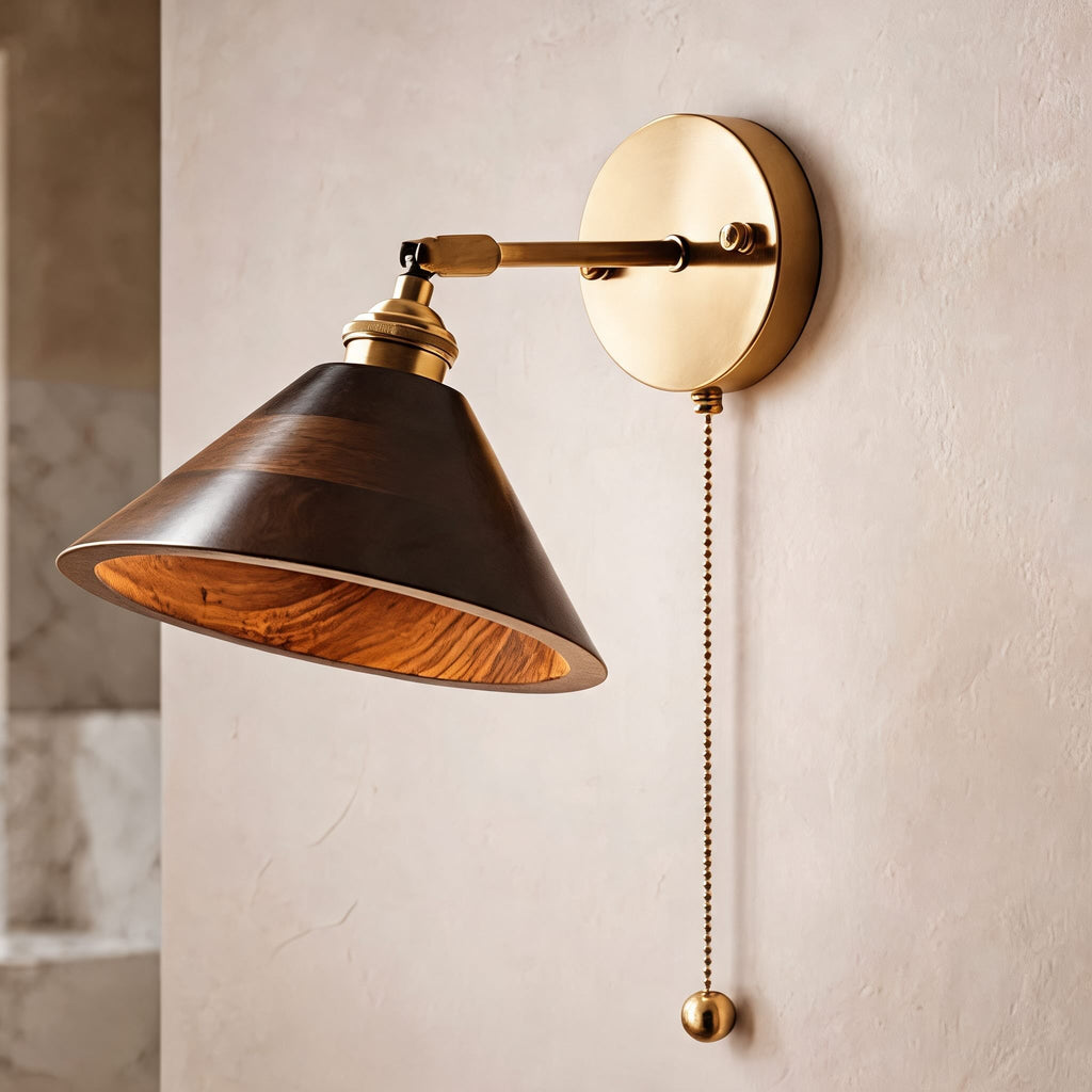 Rustieke houten wandlamp, verstelbare messing armatuur, E26/E27-fitting, max. 40 W | ribuella