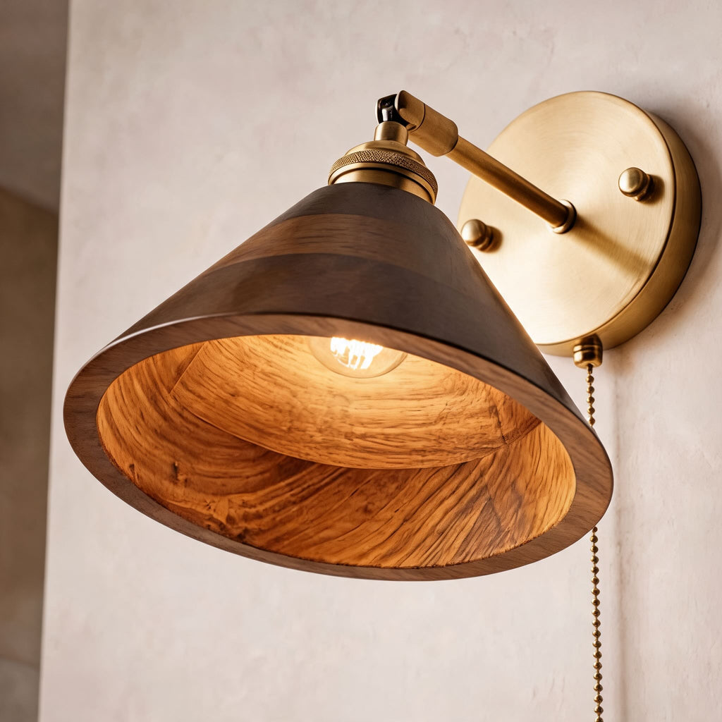 Rustieke houten wandlamp, verstelbare messing armatuur, E26/E27-fitting, max. 40 W | ribuella