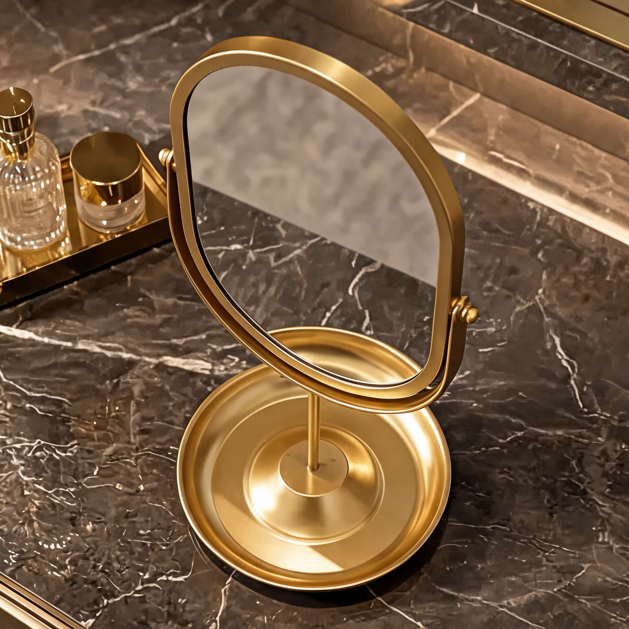 Modern Oval Makeup Mirror 360° Rotating Desktop Stand Wrought Iron Frame with HD Glass | ribuella