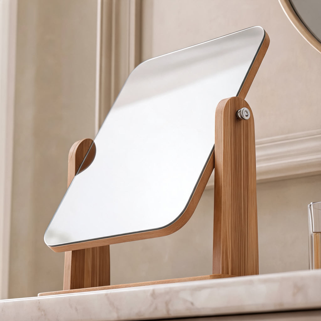 Moderne makeup-spejl i træ med 360° drejefunktion, kompakt design og solid base til brug ved sminkebordet | ribuella