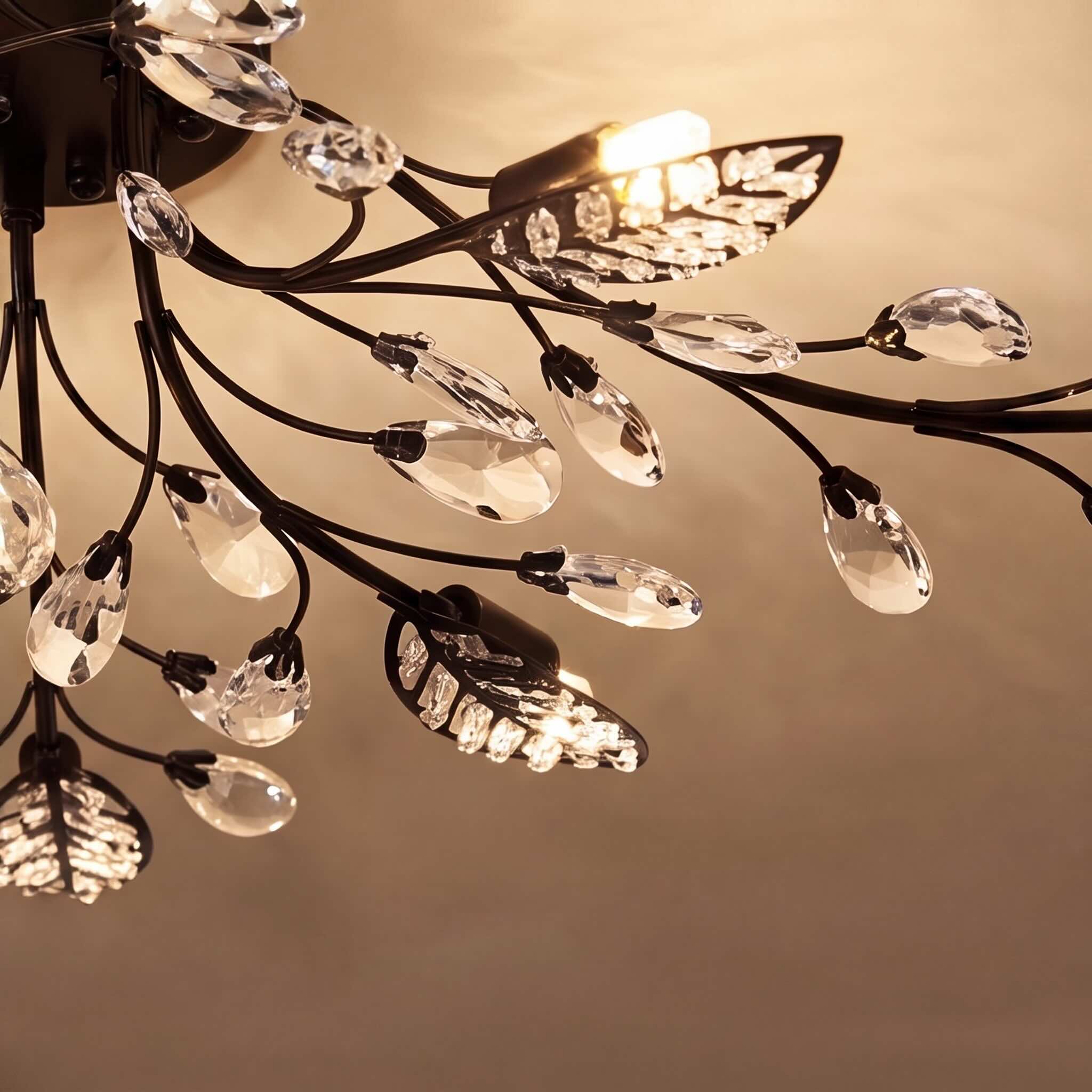 Modern Crystal Chandelier Semi-Flush Mount Iron 8-Light LED Fixture with Elegant Leaf Design | ribuella