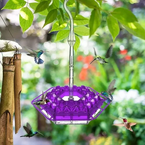 Wiszący karmnik dla kolibrów z wieloma miejscami do siedzenia i plastikowym pojemnikiem na nektar