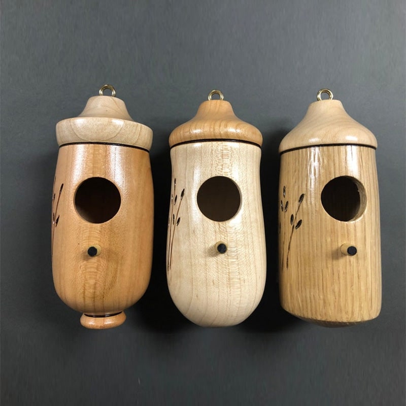Mini Wooden Hummingbird Nesting Box - Carved Floral Hanging House