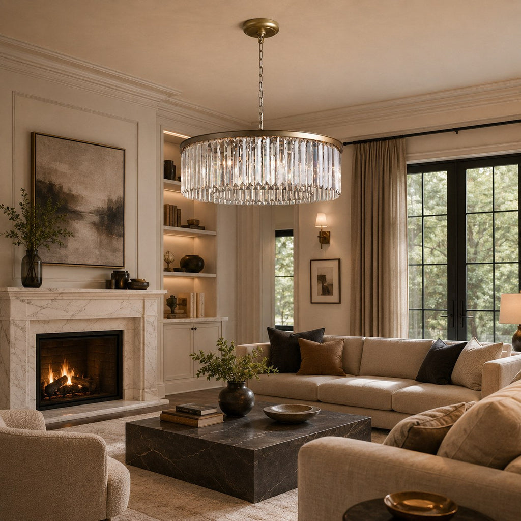 Large 84cm Round K9 Crystal Chandelier – Brass or Bronze 8-Light Art Deco Ceiling Pendant | ribuella