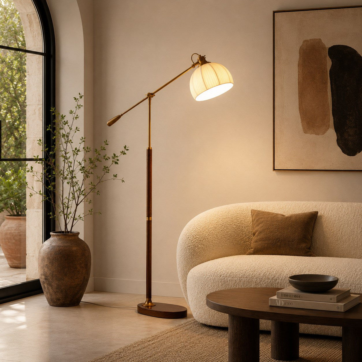Industrial Floor Lamp Adjustable Height Metal and Wood Construction Dimmable LED for Living Room | ribuella