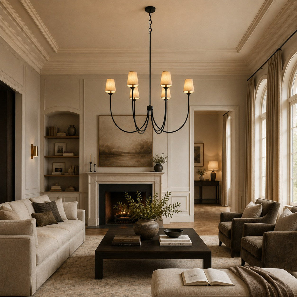 Large Round Chandelier with Off-White Shades – Brass or Bronze | ribuella