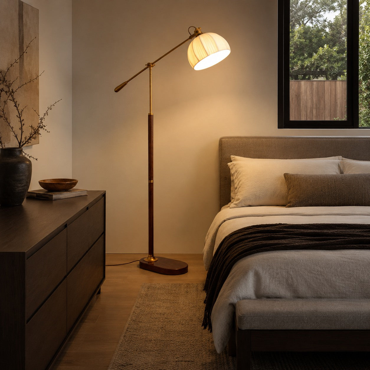 Industrial Floor Lamp Adjustable Height Metal and Wood Construction Dimmable LED for Living Room | ribuella