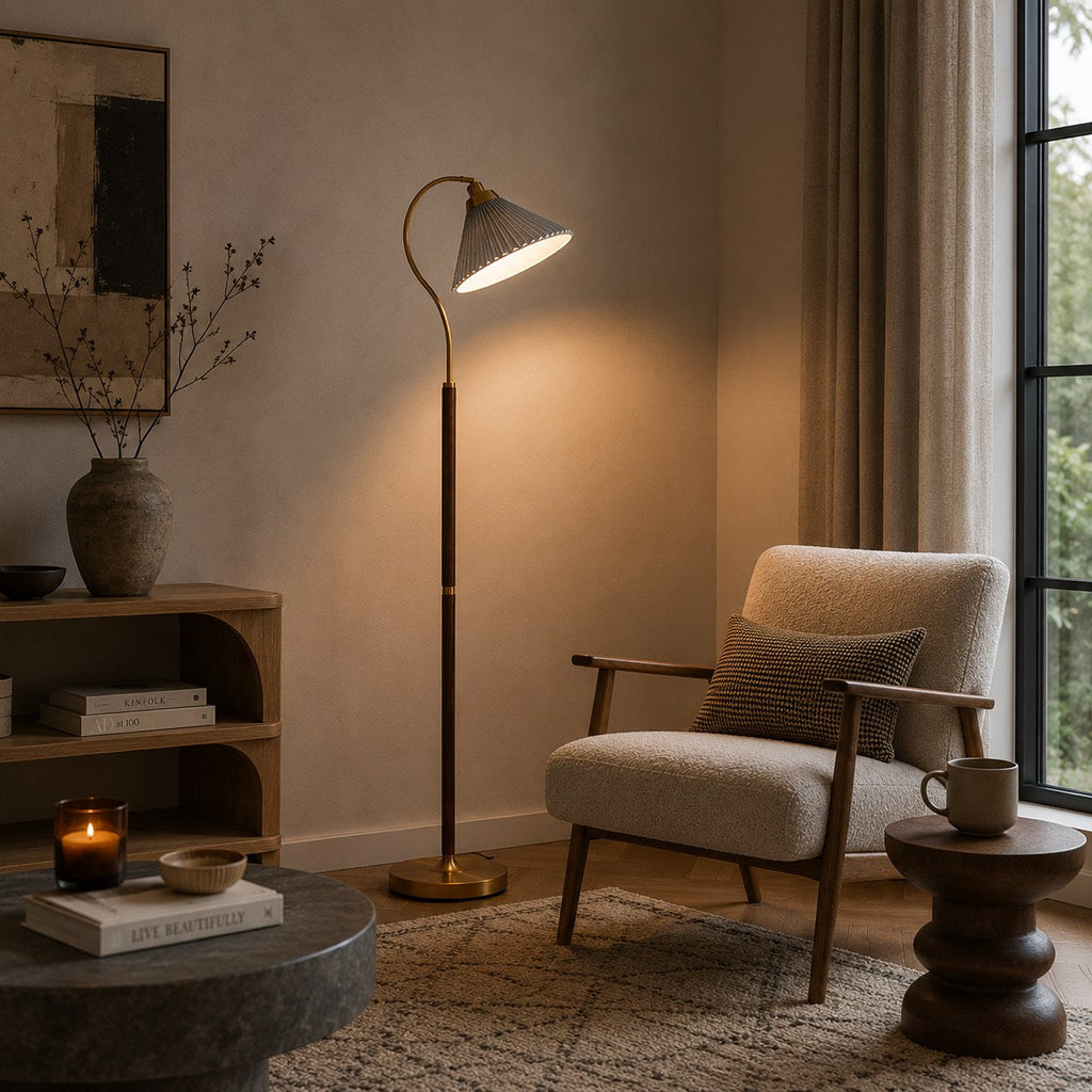 Modern Floor Lamp with Pleated Shade and Wooden Base Adjustable Height for Indoor Use AC 110-240V | ribuella