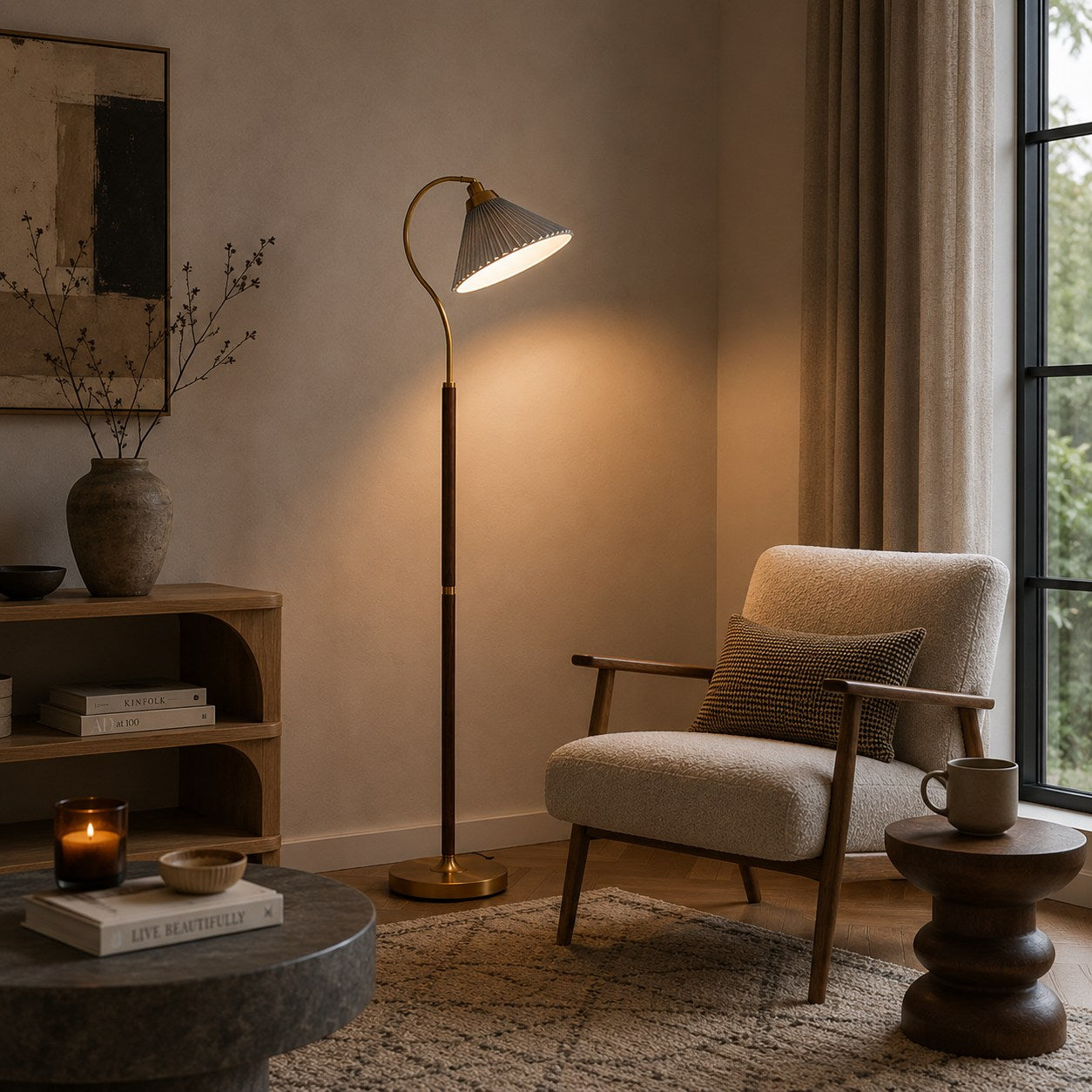 Modern Floor Lamp with Pleated Shade and Wooden Base Adjustable Height for Indoor Use AC 110-240V | ribuella
