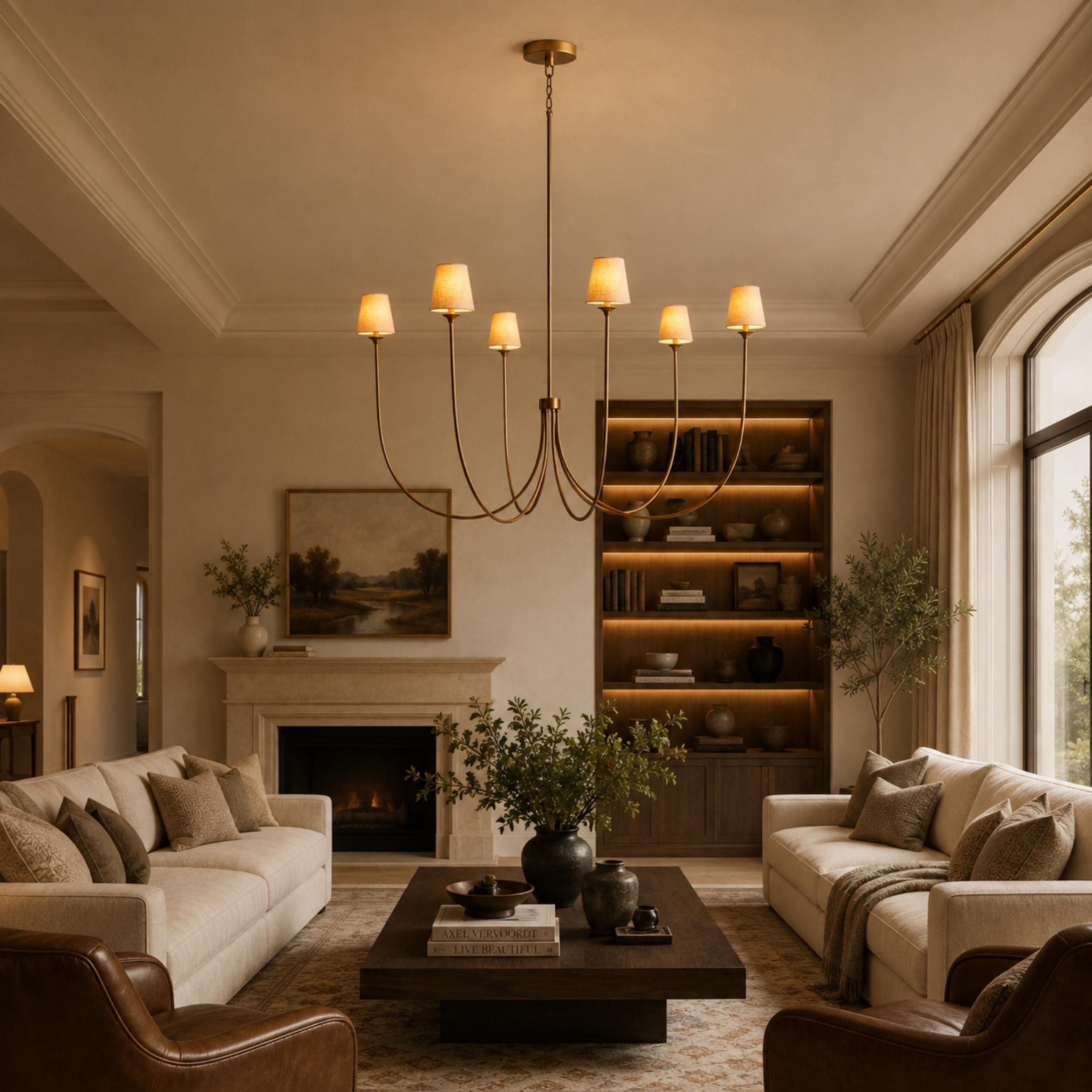 Large Round Chandelier with Off-White Shades – Brass or Bronze | ribuella