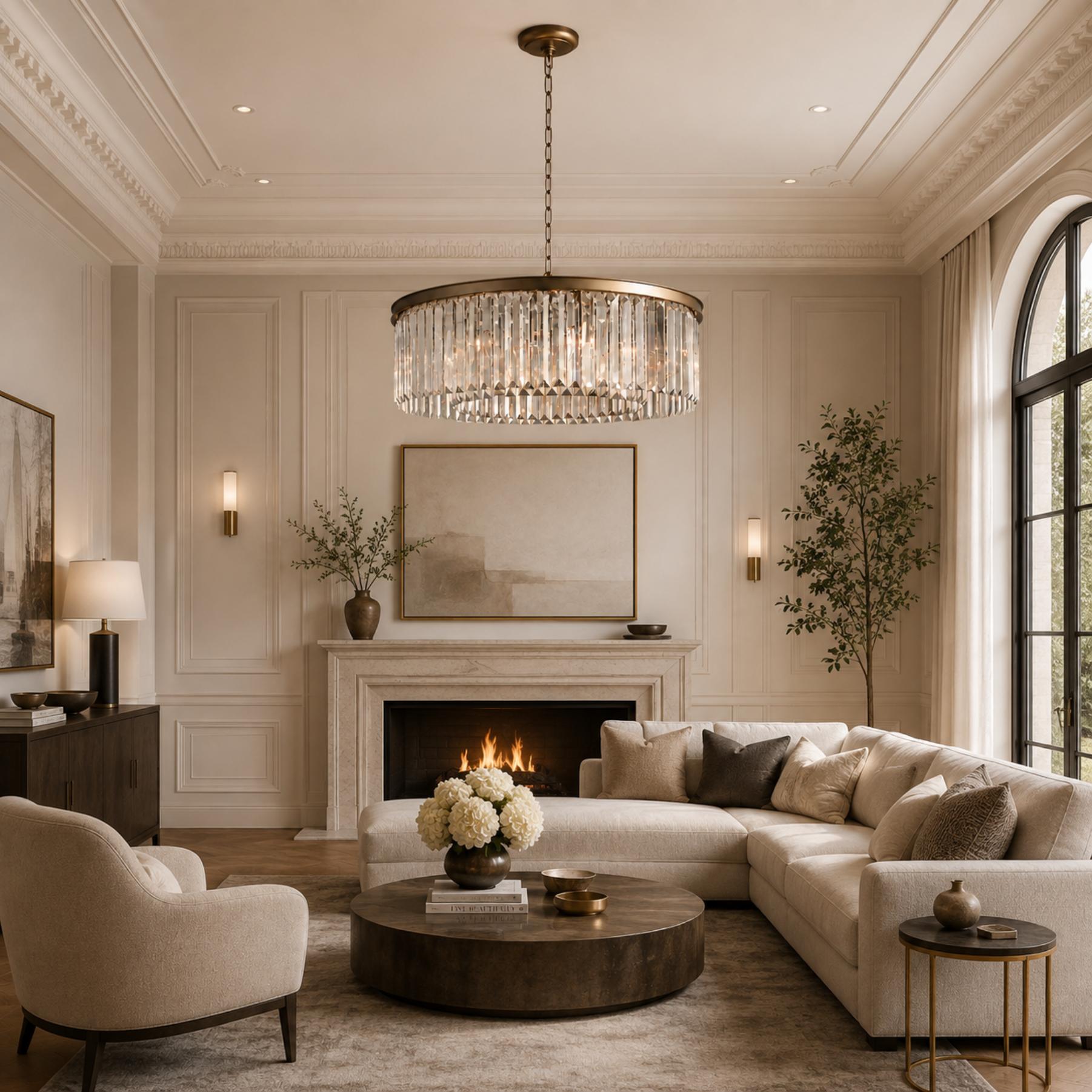Large 84cm Round K9 Crystal Chandelier – Brass or Bronze 8-Light Art Deco Ceiling Pendant | ribuella