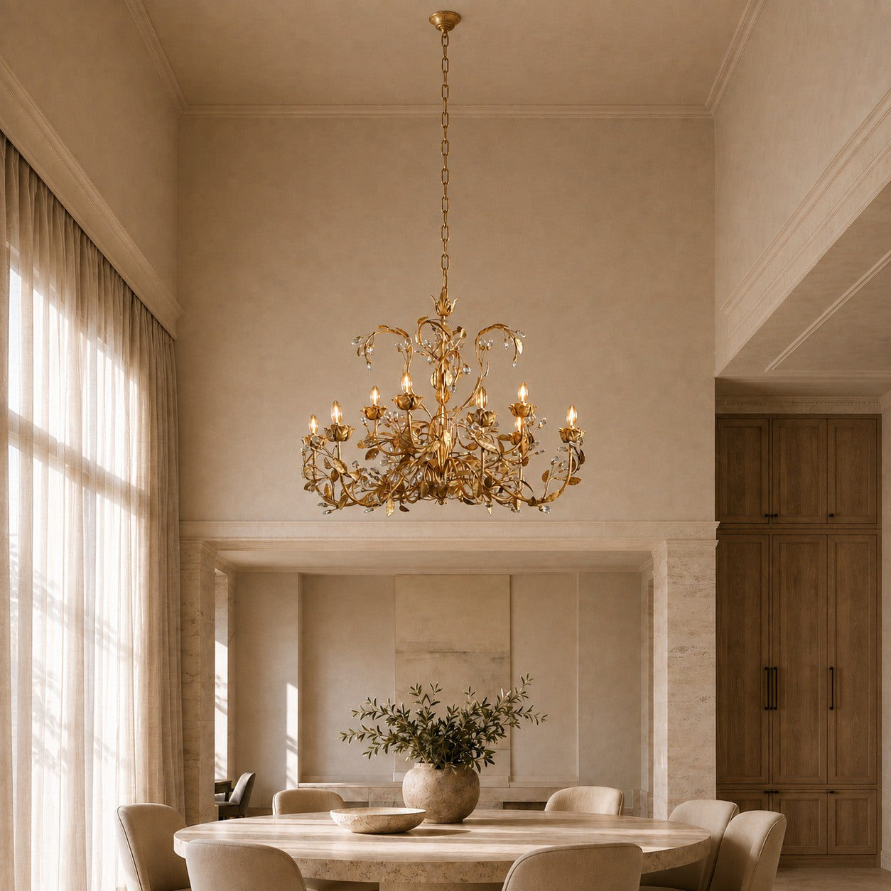 Luxuriöser runder Kristall-Kronleuchter mit Blättern – große goldene oder bronzefarbene Leuchte für Esszimmer und Eingangsbereich, 36″/48″ | ribuella