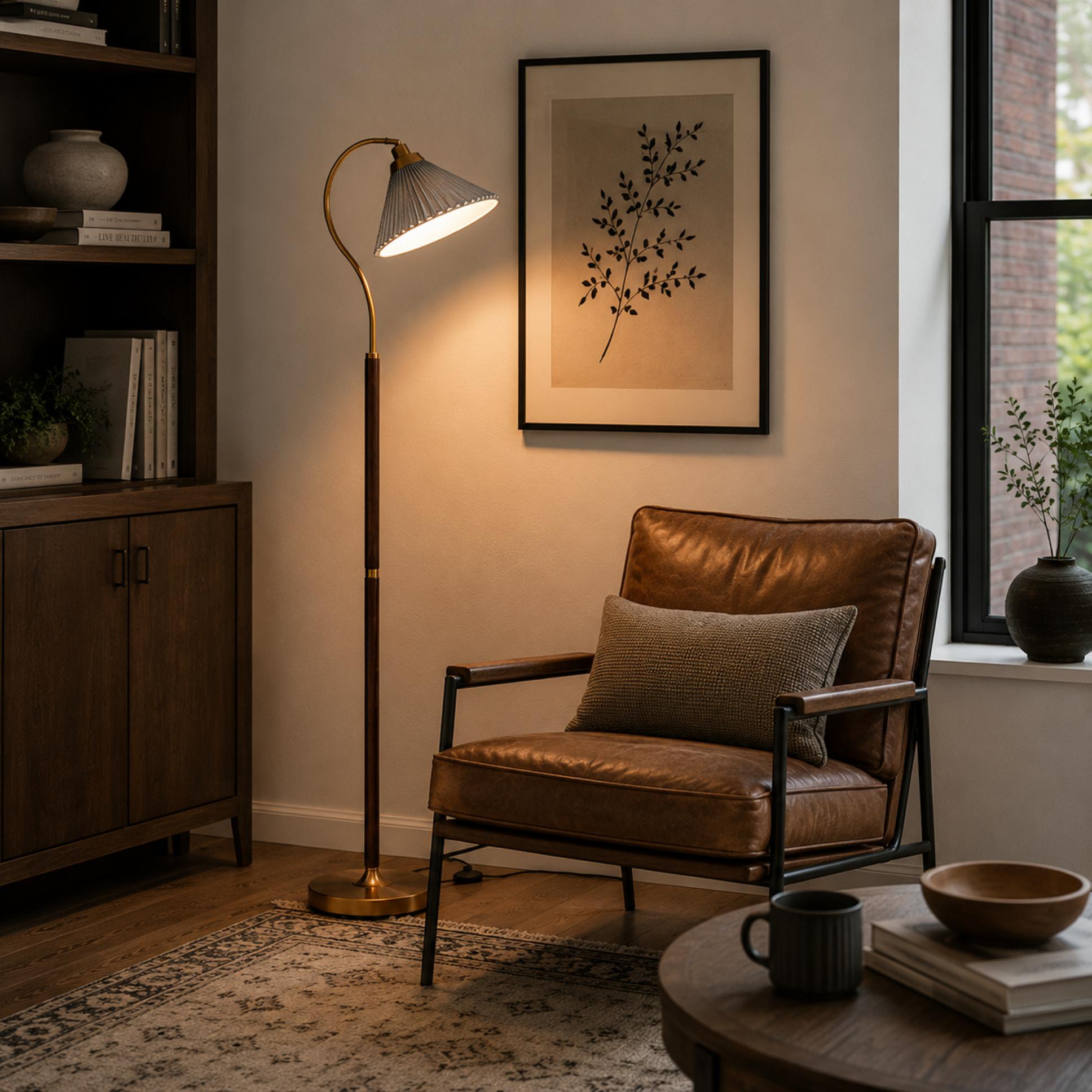 Modern Floor Lamp with Pleated Shade and Wooden Base Adjustable Height for Indoor Use AC 110-240V | ribuella
