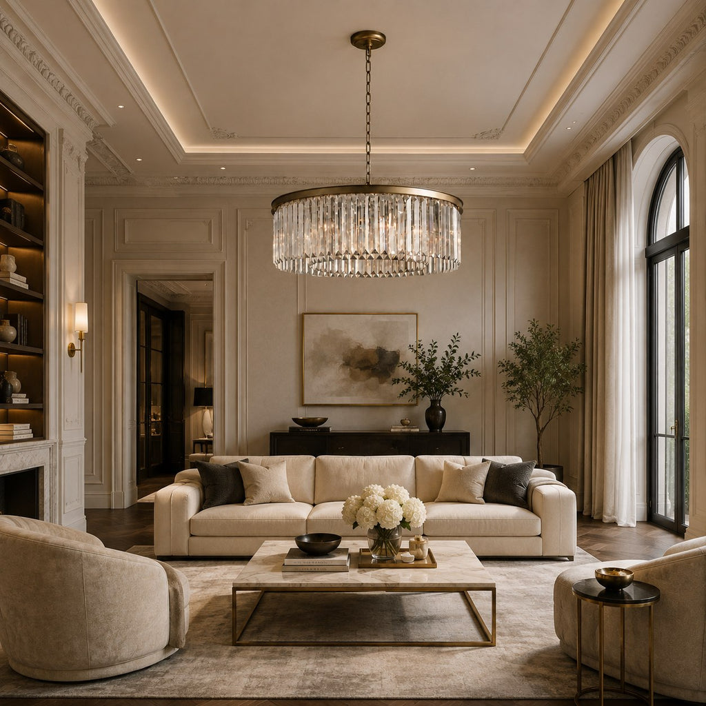 Large 84cm Round K9 Crystal Chandelier – Brass or Bronze 8-Light Art Deco Ceiling Pendant | ribuella