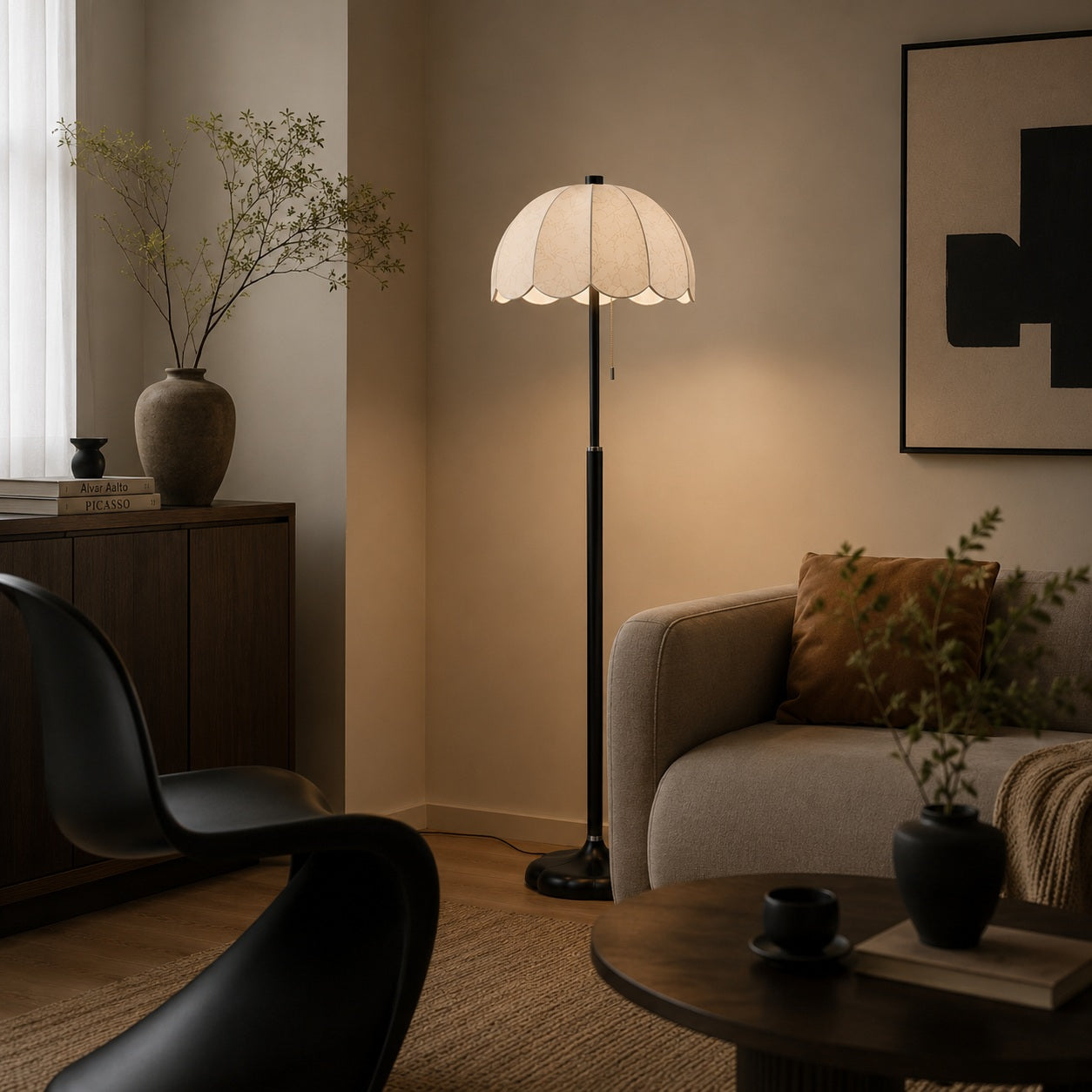 Moderní stojací lampa s dřevěnou základnou a textilním stínidlem, nastavitelná výška, žárovka E14, do obývacího pokoje | ribuella