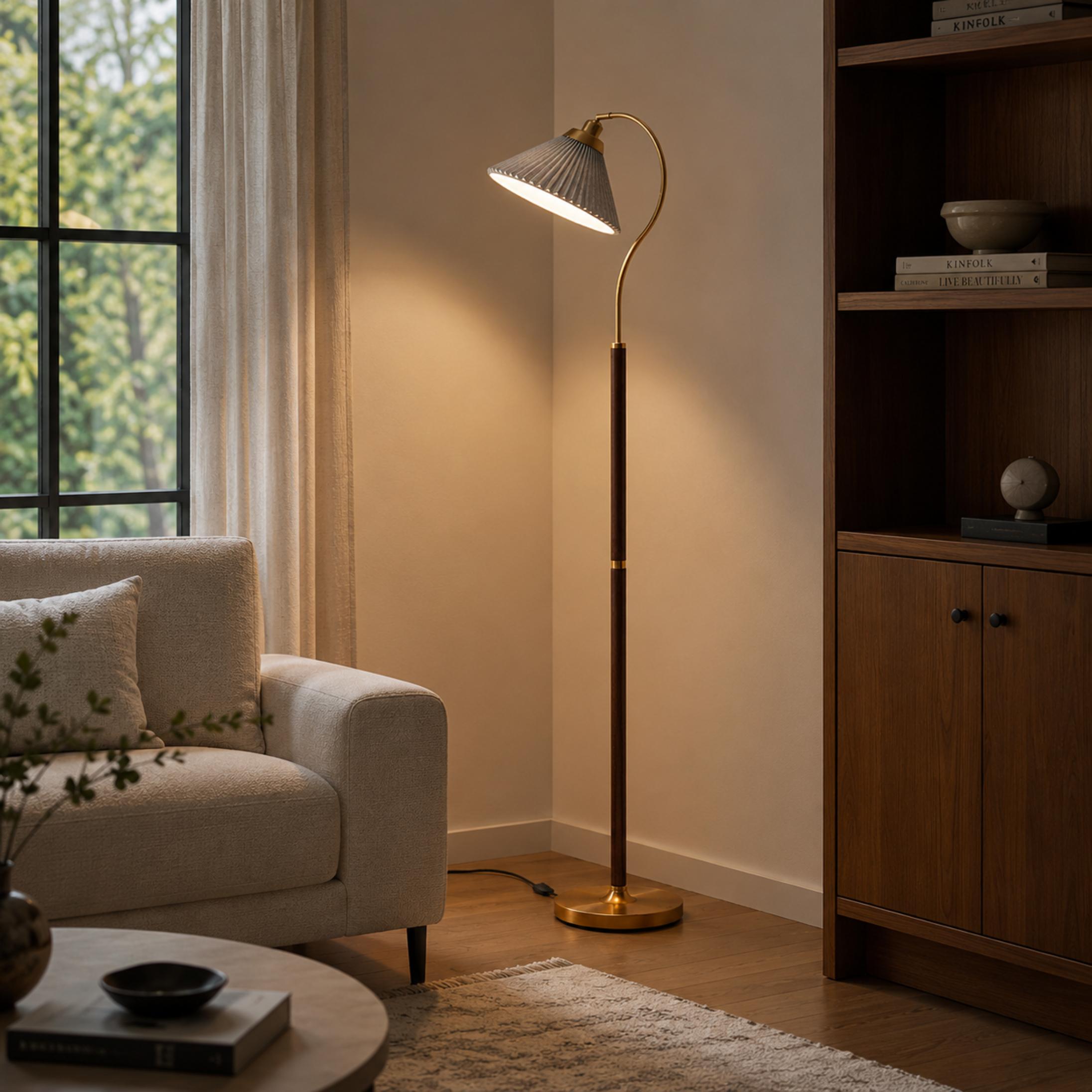 Modern Floor Lamp with Pleated Shade and Wooden Base Adjustable Height for Indoor Use AC 110-240V | ribuella
