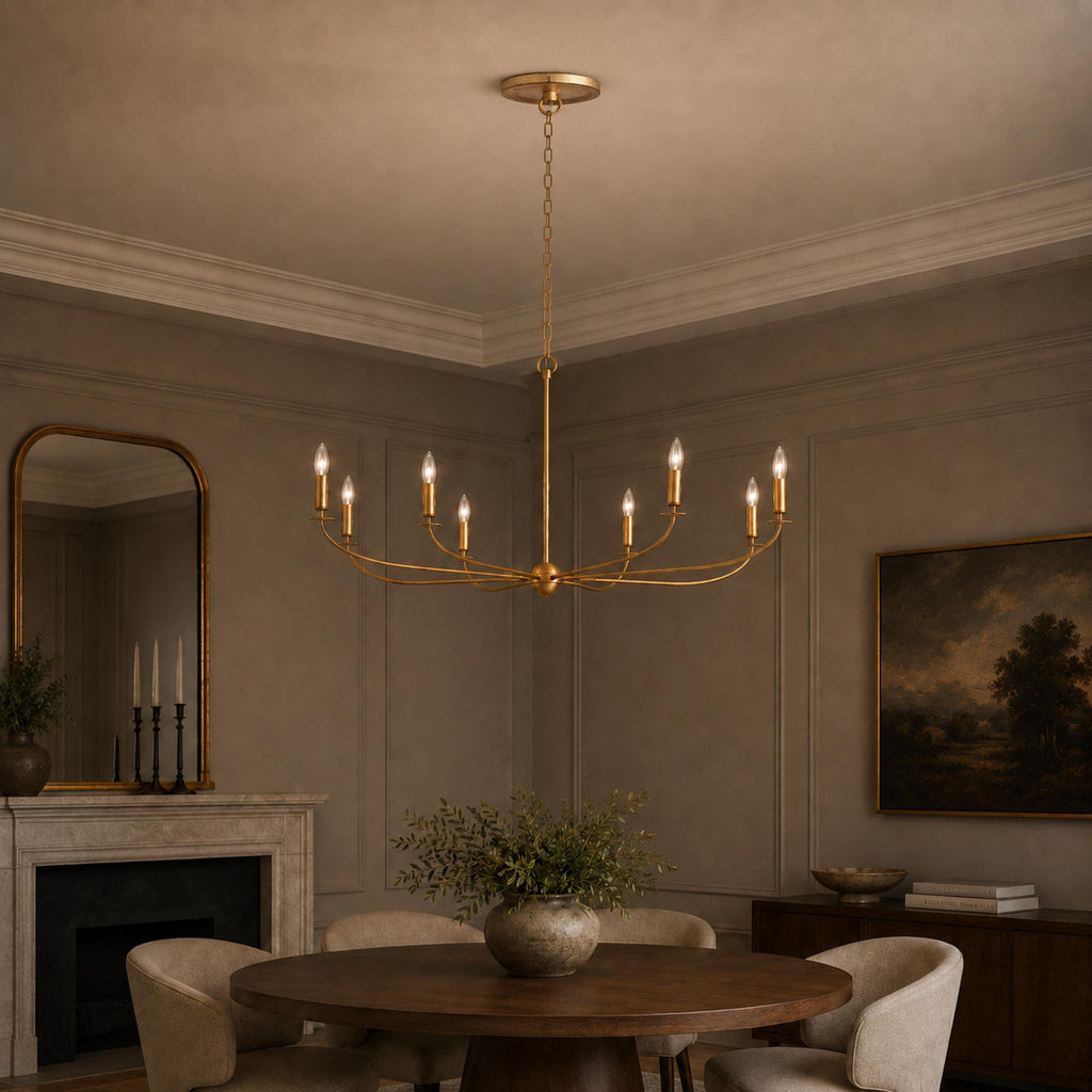 Large Antique Gold Leaf Round Chandelier – 6 or 8 Light Iron Dining Room Ceiling Light | ribuella