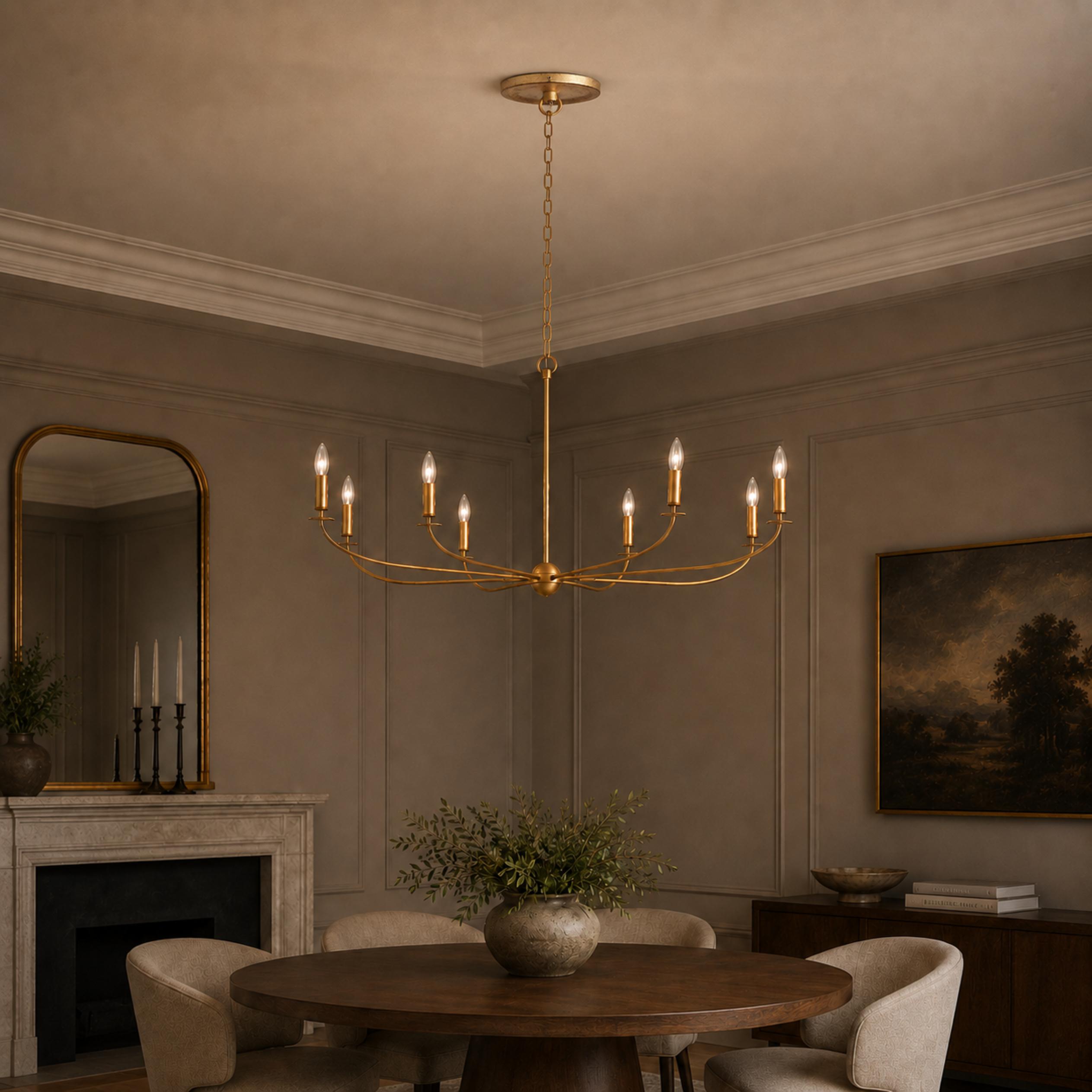 Large Antique Gold Leaf Round Chandelier – 6 or 8 Light Iron Dining Room Ceiling Light | ribuella