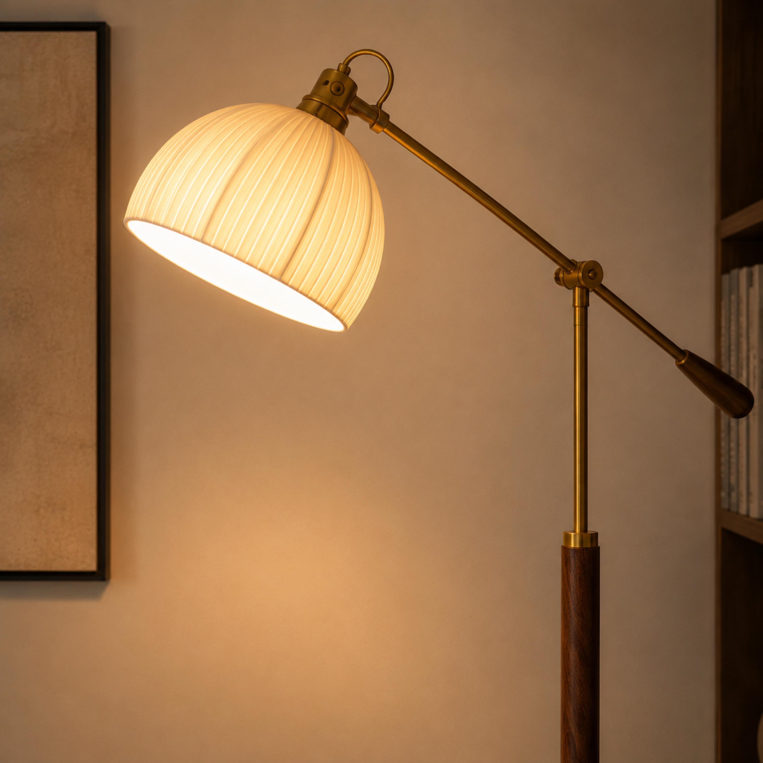 Industrial Floor Lamp Adjustable Height Metal and Wood Construction Dimmable LED for Living Room | ribuella