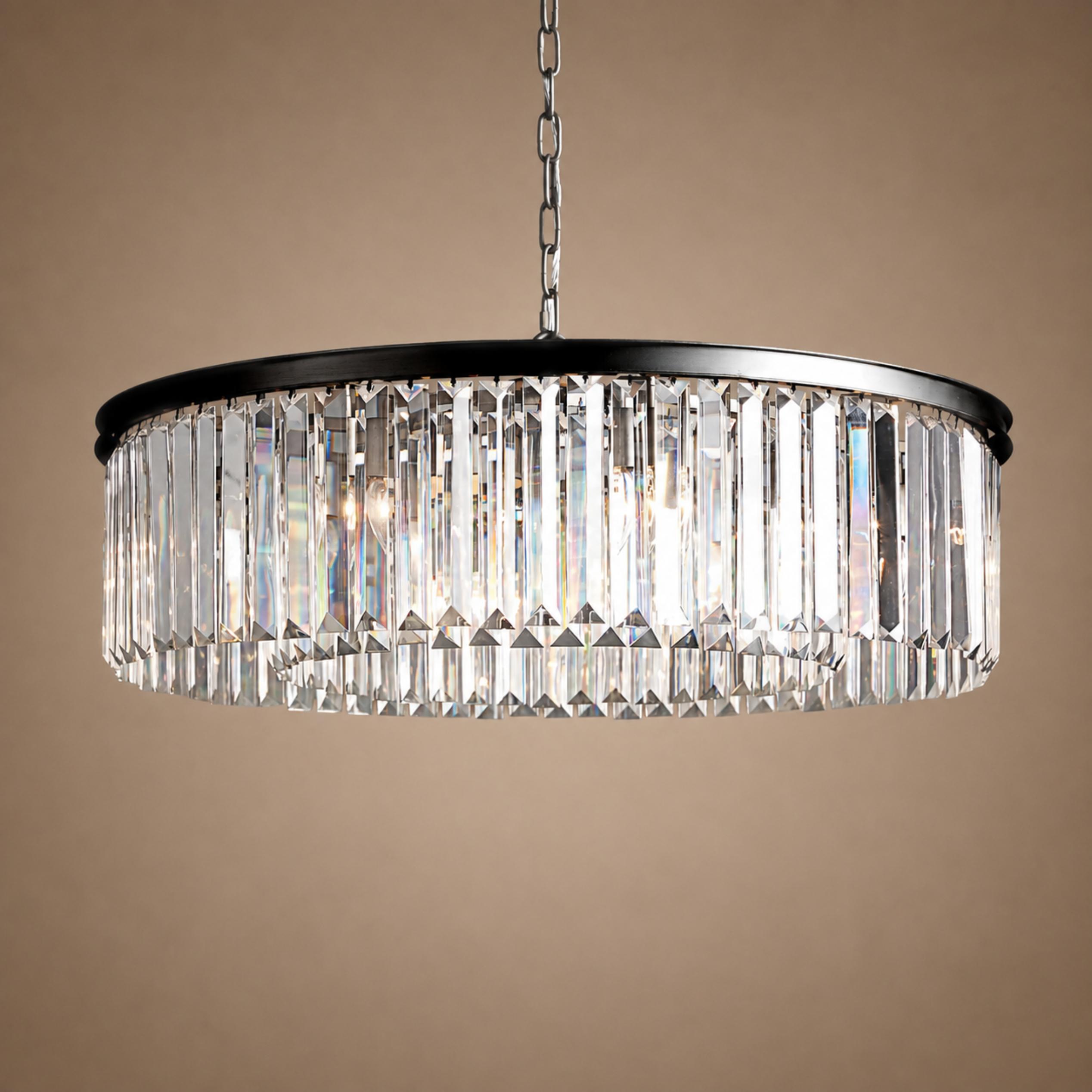 Large 84cm Round K9 Crystal Chandelier – Brass or Bronze 8-Light Art Deco Ceiling Pendant | ribuella