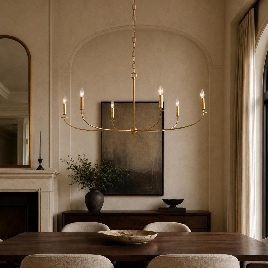 Large Antique Gold Leaf Round Chandelier – 6 or 8 Light Iron Dining Room Ceiling Light | ribuella