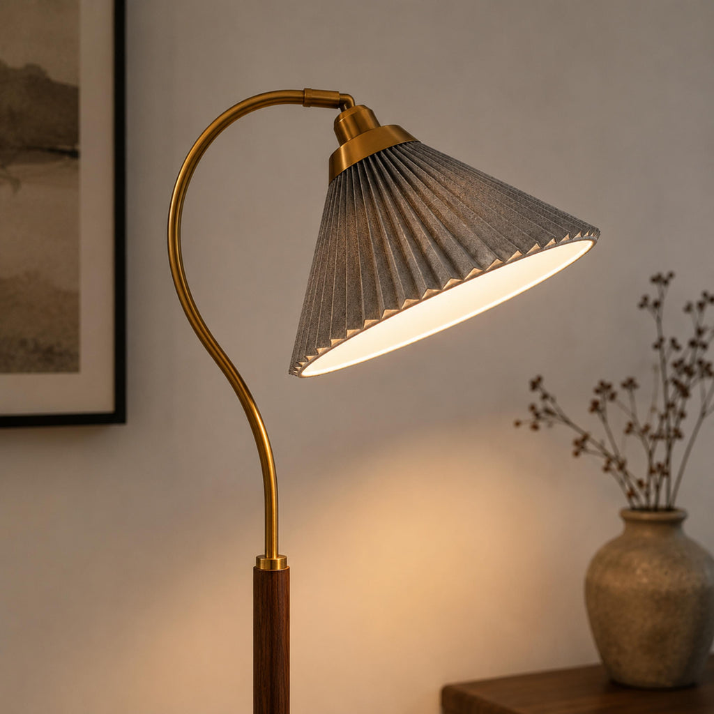Modern Floor Lamp with Pleated Shade and Wooden Base Adjustable Height for Indoor Use AC 110-240V | ribuella