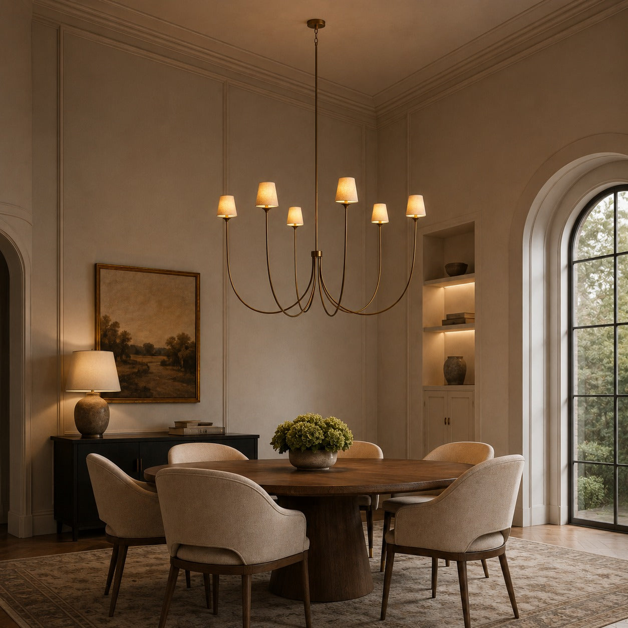 Large Round Chandelier with Off-White Shades – Brass or Bronze | ribuella