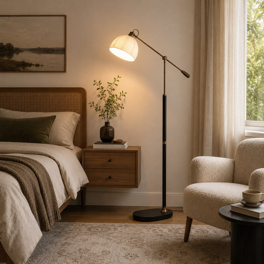 Industrial Floor Lamp Adjustable Height Metal and Wood Construction Dimmable LED for Living Room | ribuella