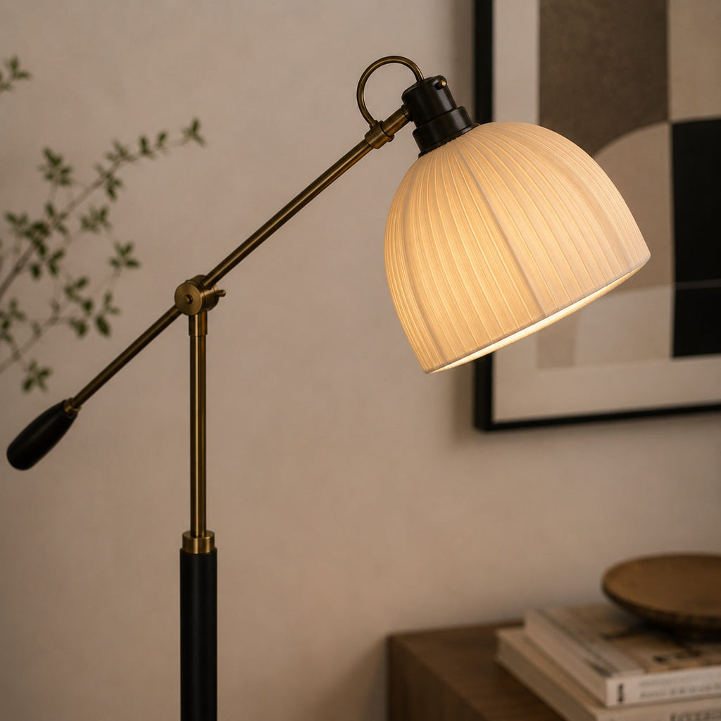 Industrial Floor Lamp Adjustable Height Metal and Wood Construction Dimmable LED for Living Room | ribuella