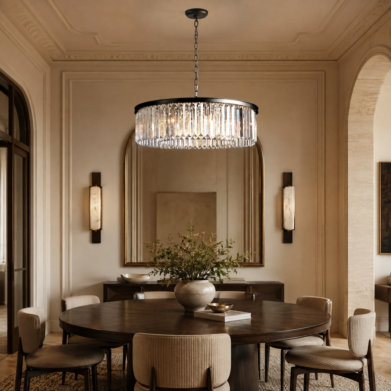 Large 84cm Round K9 Crystal Chandelier – Brass or Bronze 8-Light Art Deco Ceiling Pendant | ribuella