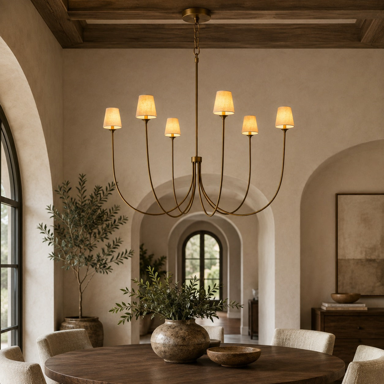 Large Round Chandelier with Off-White Shades – Brass or Bronze | ribuella