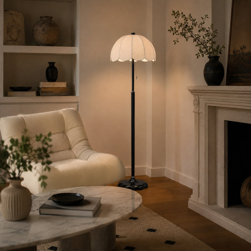 Moderní stojací lampa s dřevěnou základnou a textilním stínidlem, nastavitelná výška, žárovka E14, do obývacího pokoje | ribuella
