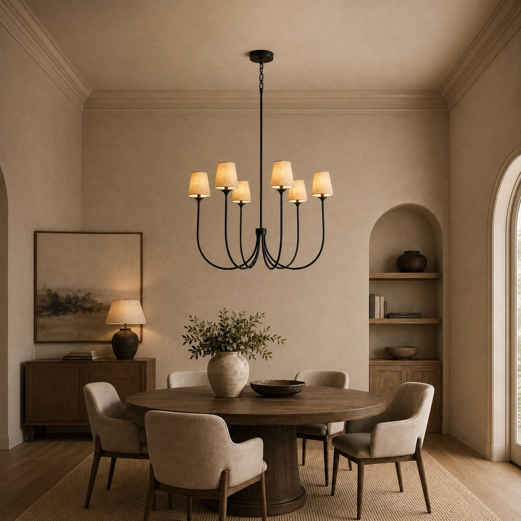 Large Round Chandelier with Off-White Shades – Brass or Bronze | ribuella