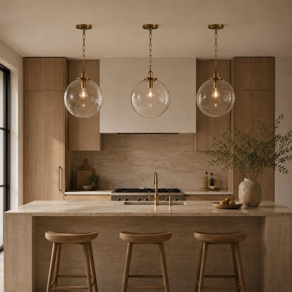 Modern Glass Globe Pendant Light with Chain – Brass or Bronze, Clear or Milk Glass | ribuella