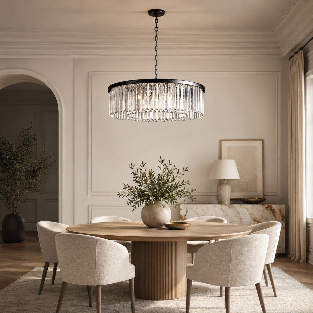 Large 84cm Round K9 Crystal Chandelier – Brass or Bronze 8-Light Art Deco Ceiling Pendant | ribuella