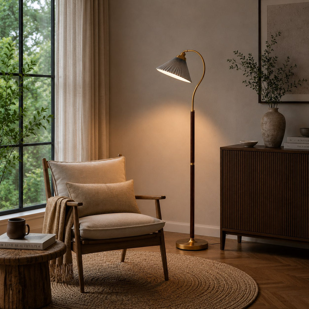 Modern Floor Lamp with Pleated Shade and Wooden Base Adjustable Height for Indoor Use AC 110-240V | ribuella