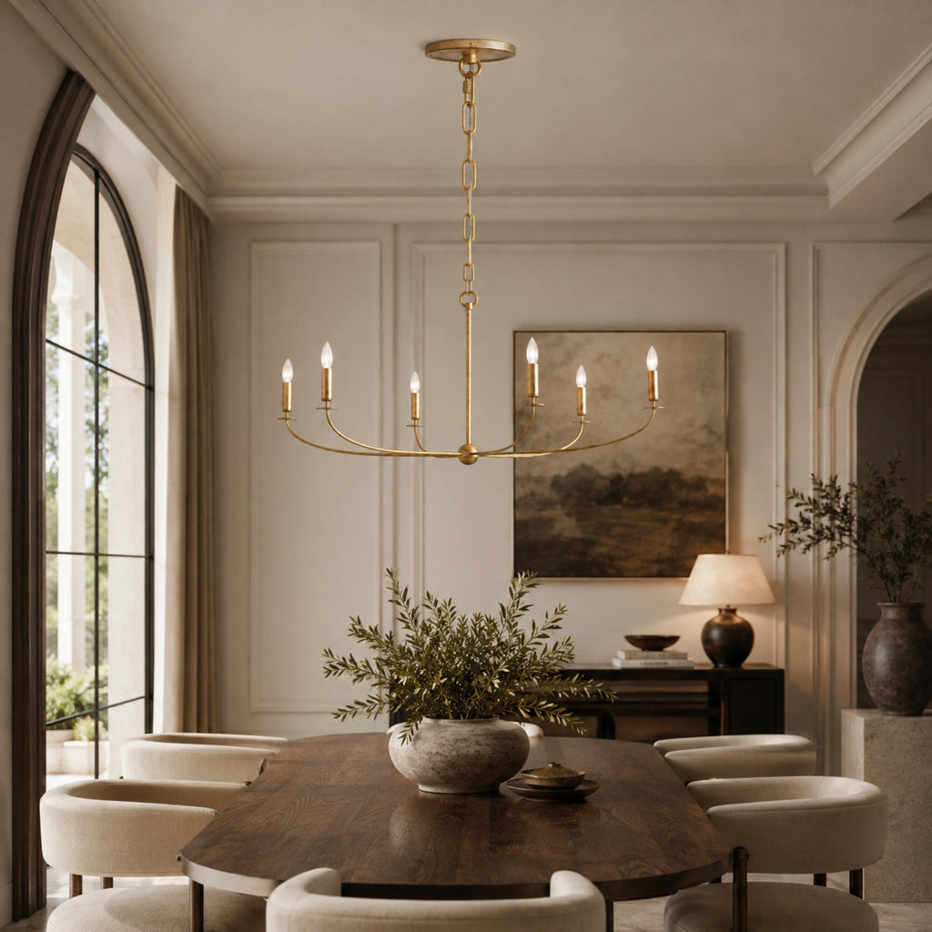 Large Antique Gold Leaf Round Chandelier – 6 or 8 Light Iron Dining Room Ceiling Light | ribuella