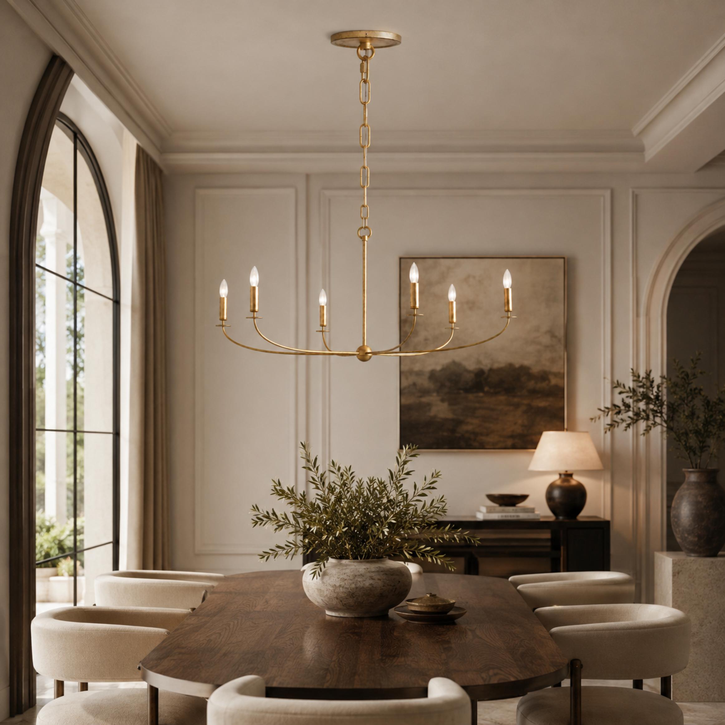 Large Antique Gold Leaf Round Chandelier – 6 or 8 Light Iron Dining Room Ceiling Light | ribuella