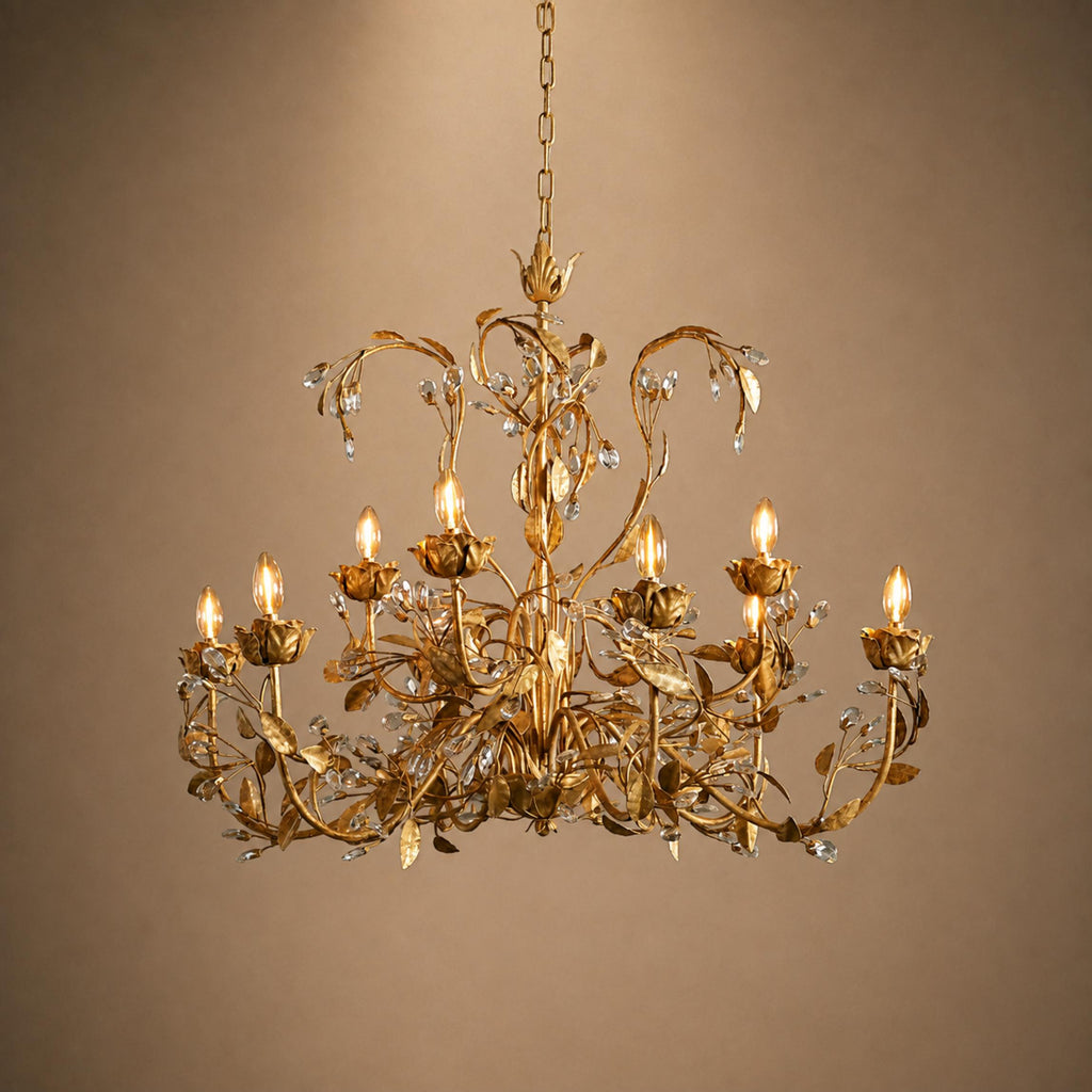 Luxuriöser runder Kristall-Kronleuchter mit Blättern – große goldene oder bronzefarbene Leuchte für Esszimmer und Eingangsbereich, 36″/48″ | ribuella