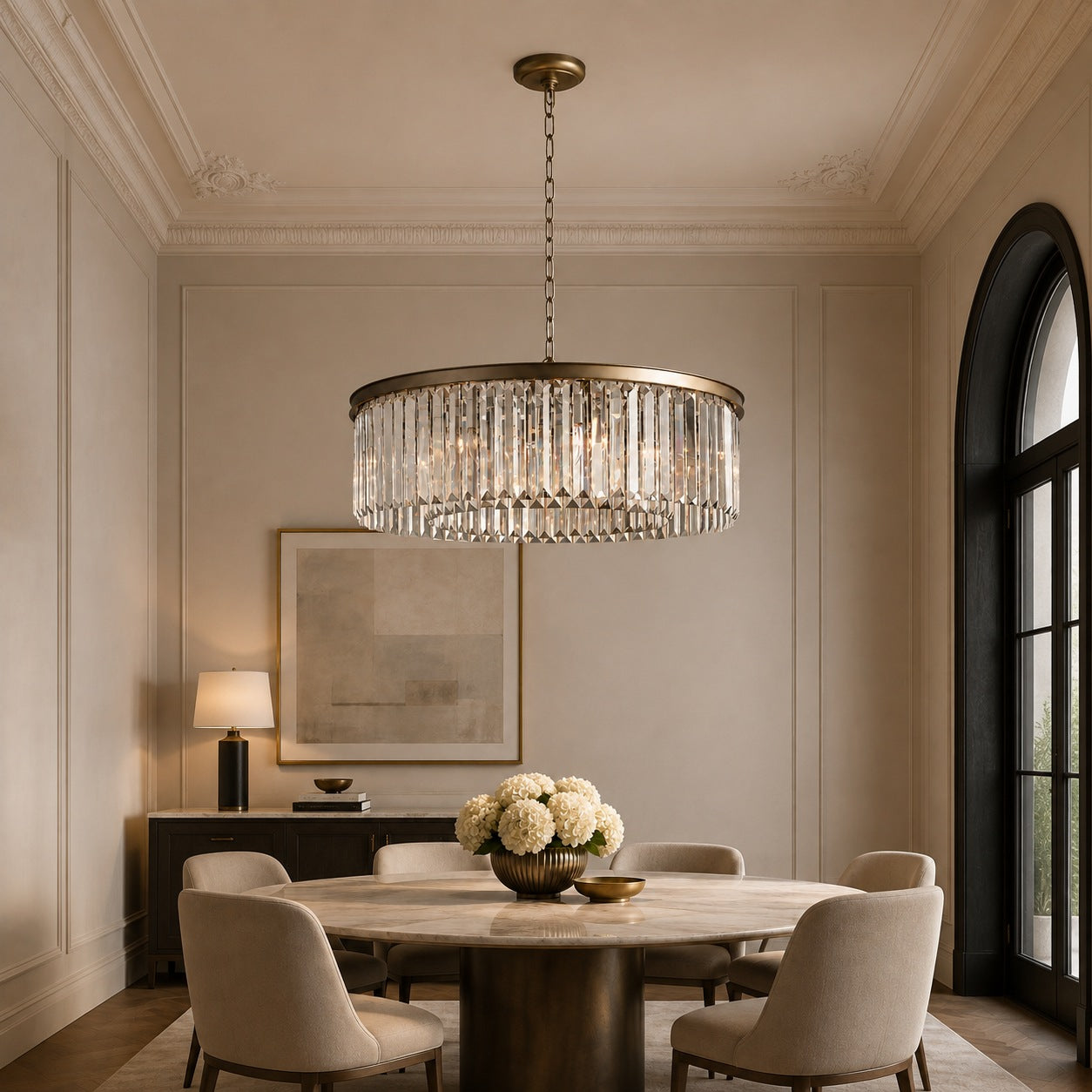 Large 84cm Round K9 Crystal Chandelier – Brass or Bronze 8-Light Art Deco Ceiling Pendant | ribuella