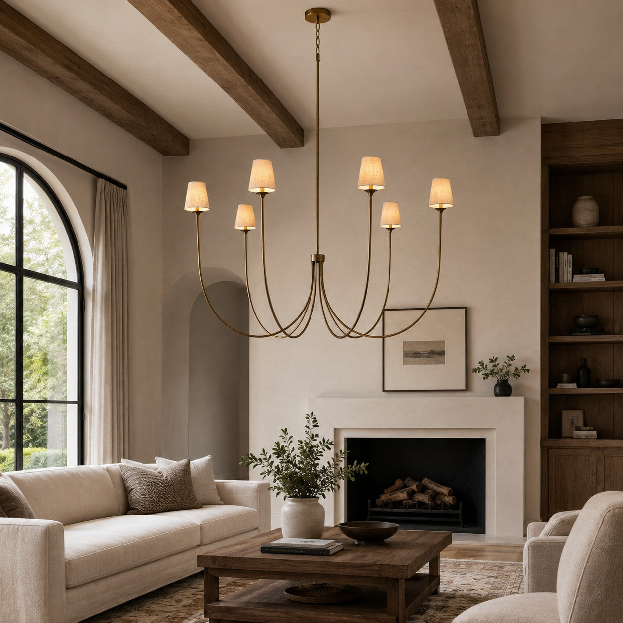 Large Round Chandelier with Off-White Shades – Brass or Bronze | ribuella