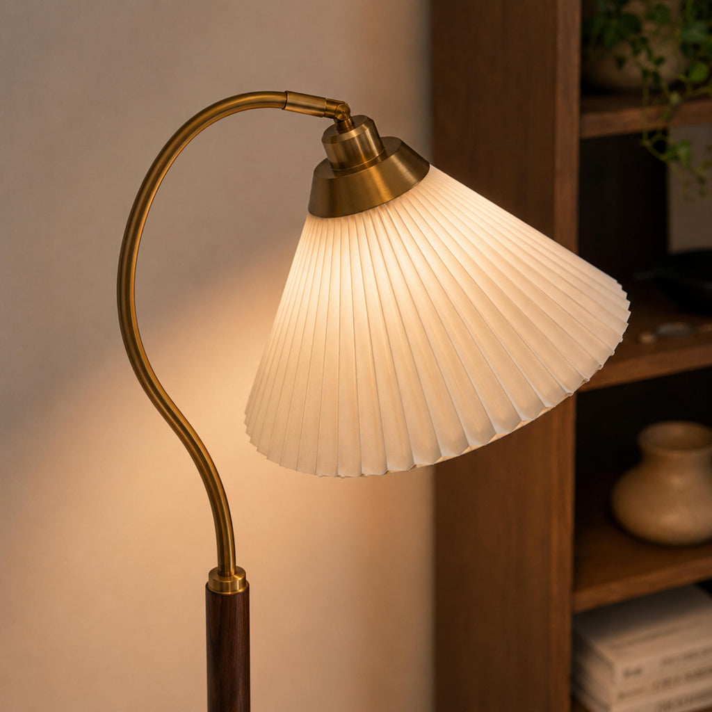 Modern Floor Lamp with Pleated Shade and Wooden Base Adjustable Height for Indoor Use AC 110-240V | ribuella