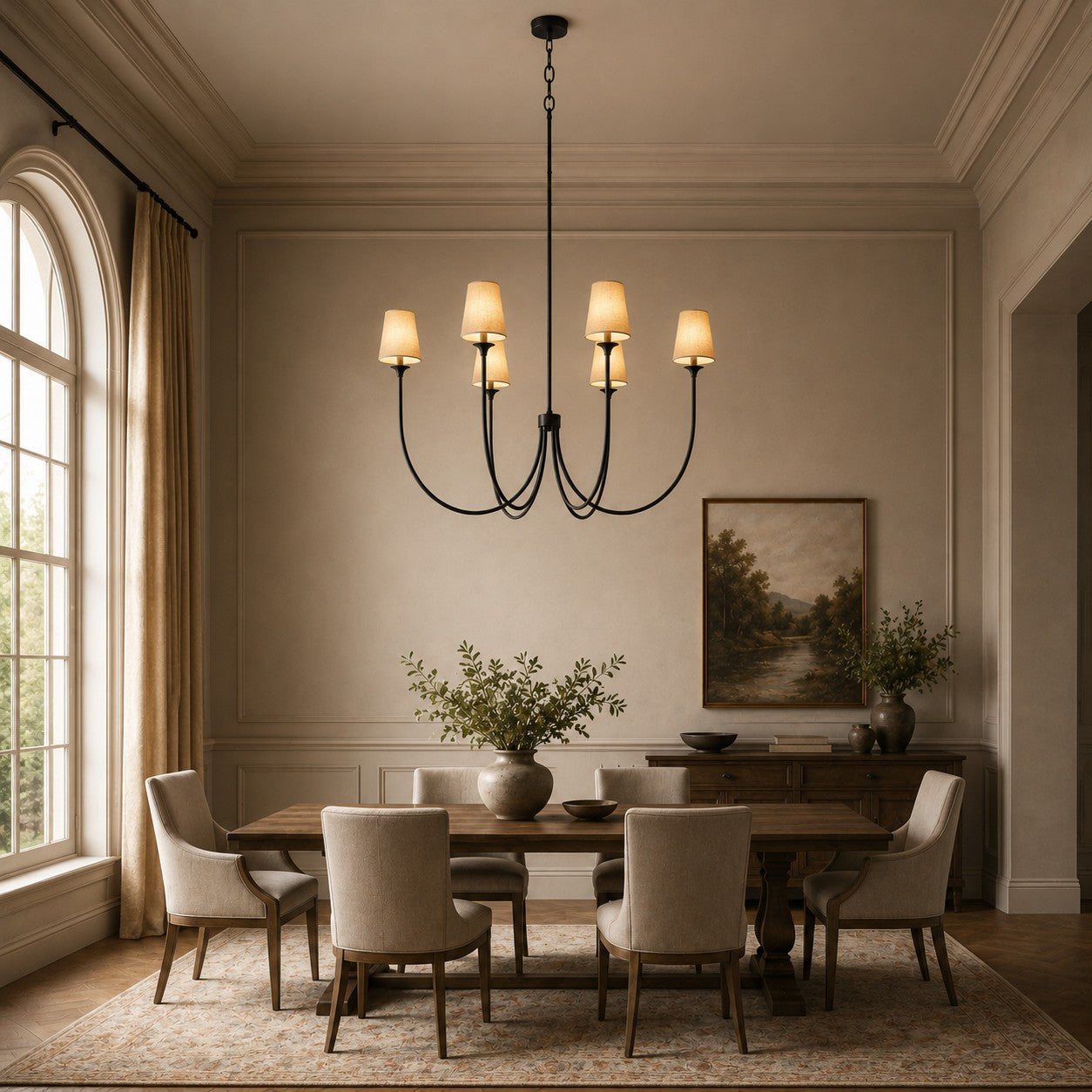 Large Round Chandelier with Off-White Shades – Brass or Bronze | ribuella