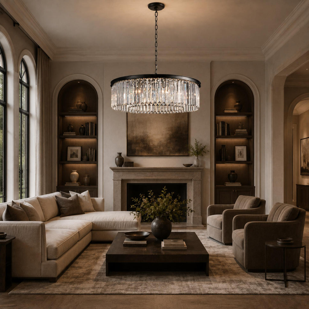 Large 84cm Round K9 Crystal Chandelier – Brass or Bronze 8-Light Art Deco Ceiling Pendant | ribuella