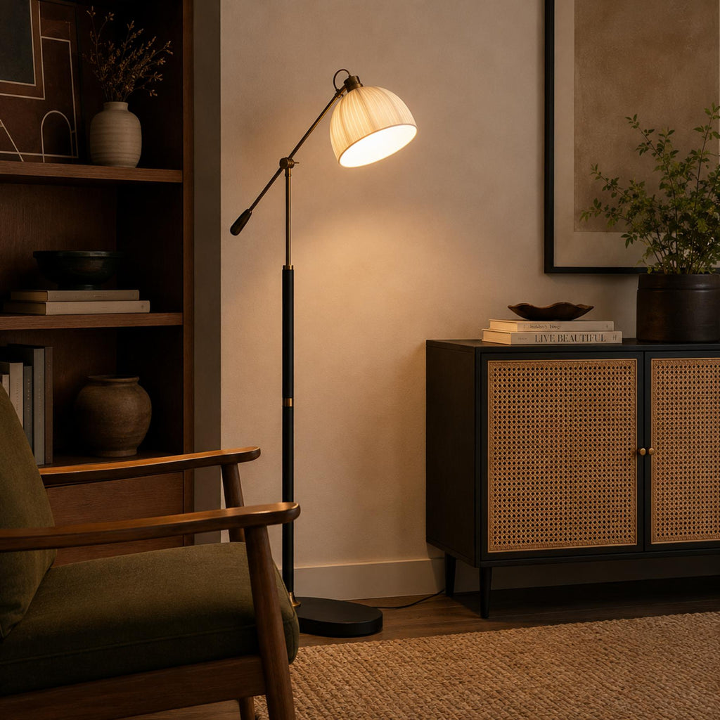 Industrial Floor Lamp Adjustable Height Metal and Wood Construction Dimmable LED for Living Room | ribuella