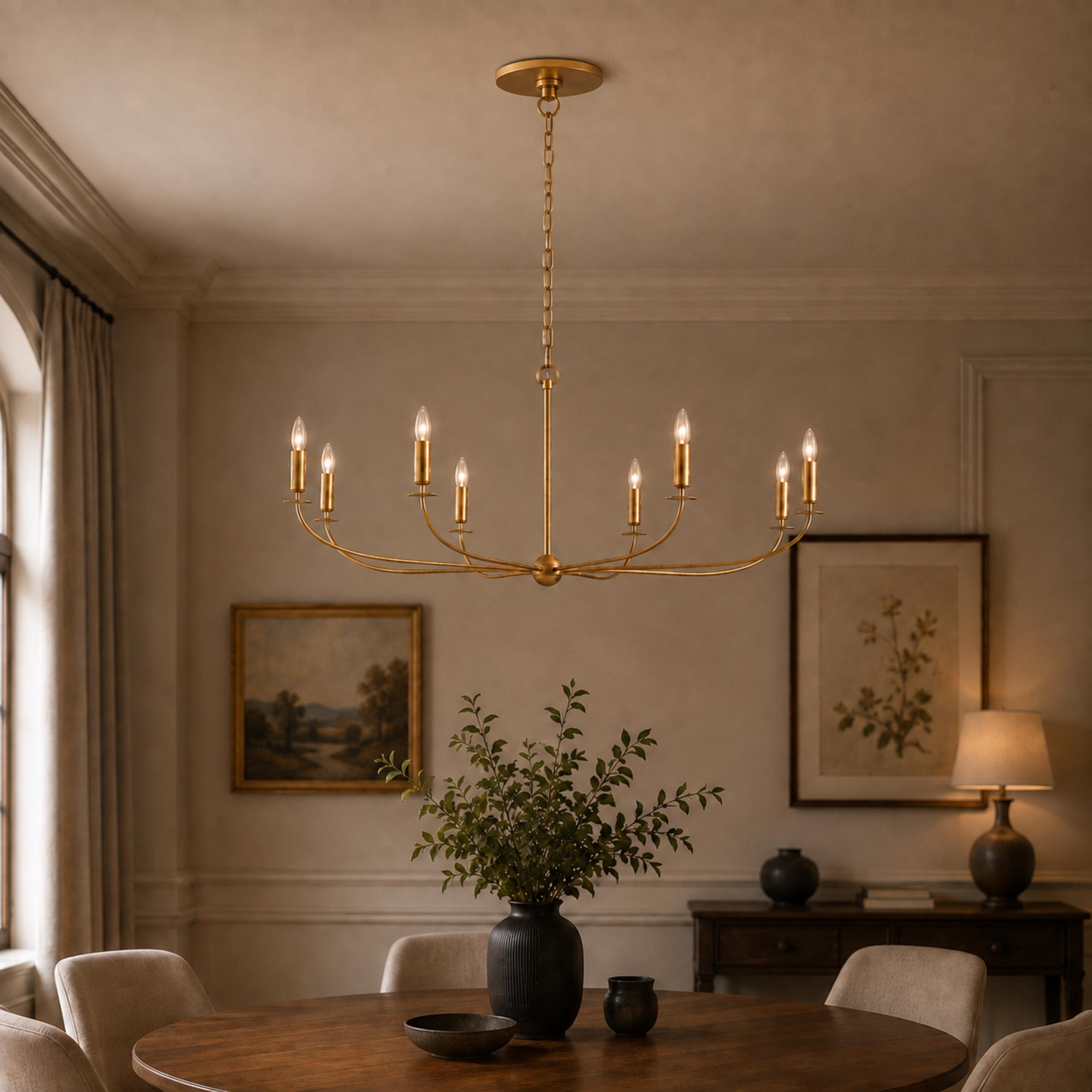 Large Antique Gold Leaf Round Chandelier – 6 or 8 Light Iron Dining Room Ceiling Light | ribuella