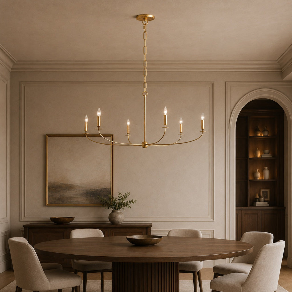 Large Antique Gold Leaf Round Chandelier – 6 or 8 Light Iron Dining Room Ceiling Light | ribuella