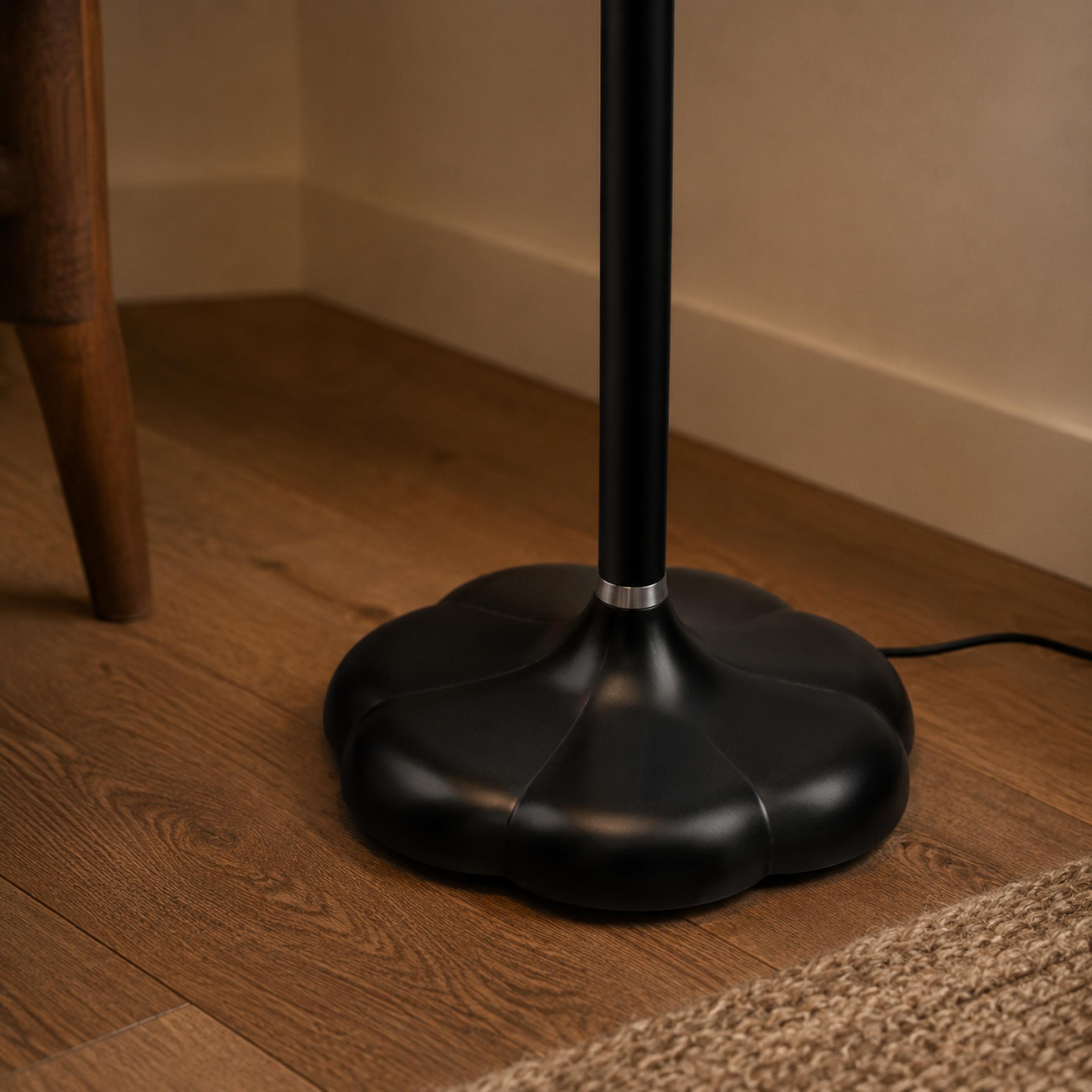 Moderní stojací lampa s dřevěnou základnou a textilním stínidlem, nastavitelná výška, žárovka E14, do obývacího pokoje | ribuella