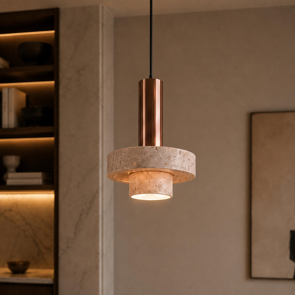 Modern Pendant Lamp Hanging Terrazzo and Metal Construction Adjustable Height for Indoor Use | ribuella