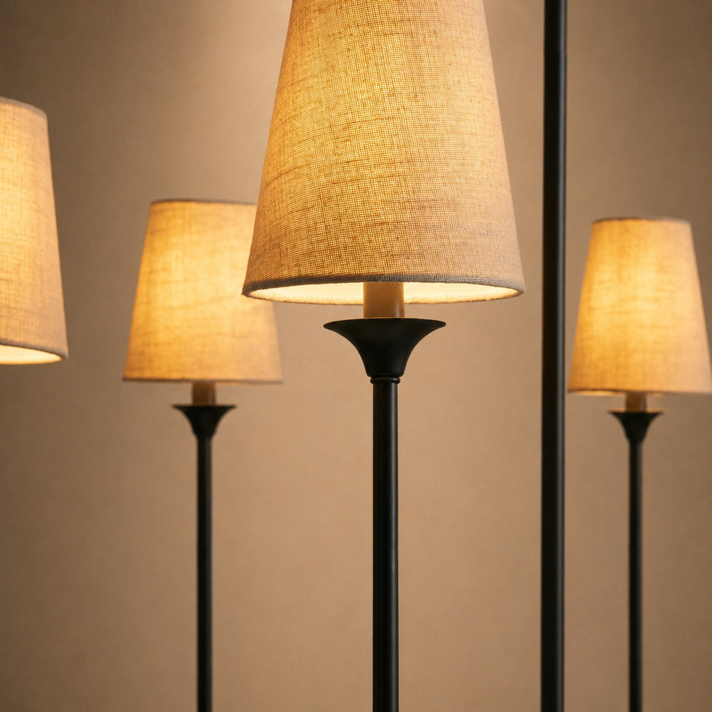 Large Round Chandelier with Off-White Shades – Brass or Bronze | ribuella
